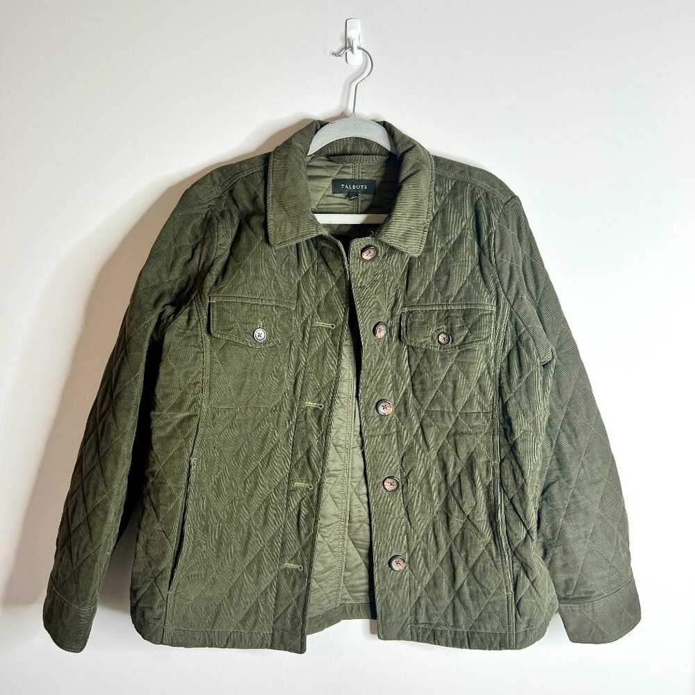 Talbots Olive Green Corduroy Quilted Button-Up Chore Jacket Granola Girl Sz L